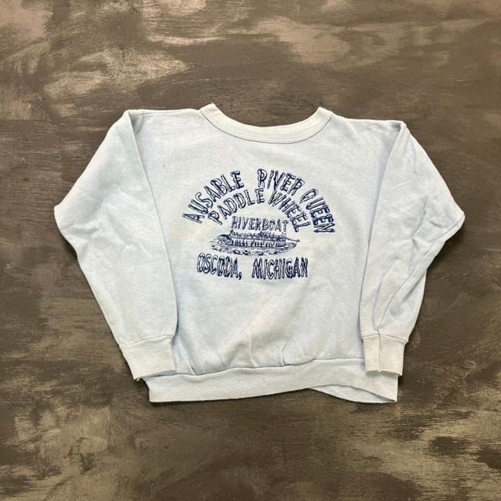 Vintage Ausable River Queen Sweatshirt Mens Small‎ Blue 1960s Flock Michigan
